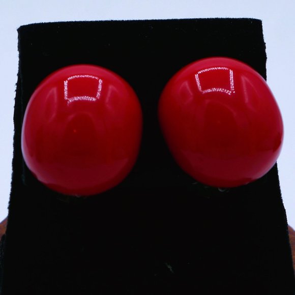 Vintage 2 Pair Chunky Red & Gold Porcelain Geometric and Dome Clip-on Earrings - Picture 8 of 10